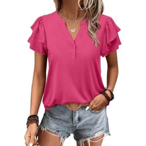 image:imageANRABESS Womens Tops Dressy Casual Ruffle Short Sleeve V Neck Blouses Summer Button Down Business Work Elegant ShirtsHot Pink