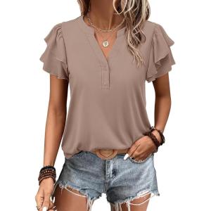image:imageANRABESS Womens Tops Dressy Casual Ruffle Short Sleeve V Neck Blouses Summer Button Down Business Work Elegant ShirtsKhaki