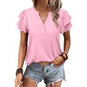 image:imageANRABESS Womens Tops Dressy Casual Ruffle Short Sleeve V Neck Blouses Summer Button Down Business Work Elegant ShirtsLight Pink