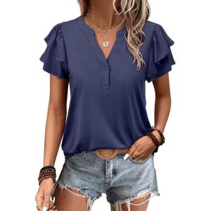 image:imageANRABESS Womens Tops Dressy Casual Ruffle Short Sleeve V Neck Blouses Summer Button Down Business Work Elegant ShirtsNavy Blue