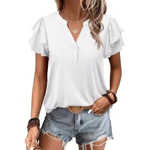 image:imageANRABESS Womens Tops Dressy Casual Ruffle Short Sleeve V Neck Blouses Summer Button Down Business Work Elegant ShirtsWhite