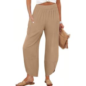 image:imageANRABESS Womens Wide Leg Palazzo Capri Pants 2026 Summer Casual High Waisted Barrel Lounge Flowy Cropped Beach Work TrousersKhaki