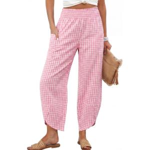 image:imageANRABESS Womens Wide Leg Palazzo Capri Pants 2026 Summer Casual High Waisted Barrel Lounge Flowy Cropped Beach Work TrousersPink White Plaid