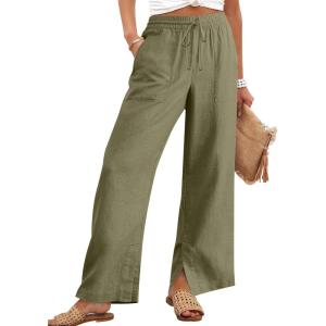 image:imageANRABESS Womens Wide Leg Palazzo Linen Pants High Waist Split Ankle Casual Lounge Beach Vacation Pants 2026 Spring SummerArmy Green