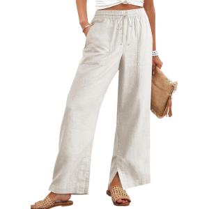 image:imageANRABESS Womens Wide Leg Palazzo Linen Pants High Waist Split Ankle Casual Lounge Beach Vacation Pants 2026 Spring SummerBeige
