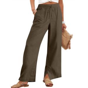 image:imageANRABESS Womens Wide Leg Palazzo Linen Pants High Waist Split Ankle Casual Lounge Beach Vacation Pants 2026 Spring SummerBrown