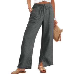image:imageANRABESS Womens Wide Leg Palazzo Linen Pants High Waist Split Ankle Casual Lounge Beach Vacation Pants 2026 Spring SummerDeep Gray