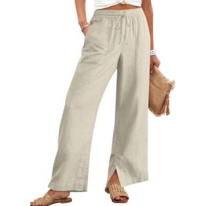 image:imageANRABESS Womens Wide Leg Palazzo Linen Pants High Waist Split Ankle Casual Lounge Beach Vacation Pants 2026 Spring SummerLight Yellow