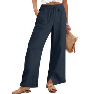 image:imageANRABESS Womens Wide Leg Palazzo Linen Pants High Waist Split Ankle Casual Lounge Beach Vacation Pants 2026 Spring SummerNavy Blue