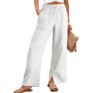 image:imageANRABESS Womens Wide Leg Palazzo Linen Pants High Waist Split Ankle Casual Lounge Beach Vacation Pants 2026 Spring SummerWhite