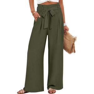 image:imageANRABESS Womens Wide Leg Palazzo Pants Belted High Waisted Business Casual Flowy Long Trousers with PocketsArmy Green