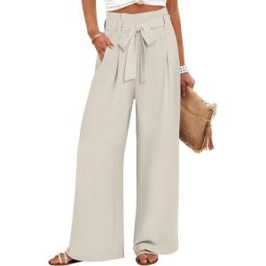 image:imageANRABESS Womens Wide Leg Palazzo Pants Belted High Waisted Business Casual Flowy Long Trousers with PocketsBeige
