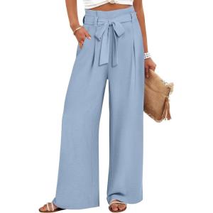 image:imageANRABESS Womens Wide Leg Palazzo Pants Belted High Waisted Business Casual Flowy Long Trousers with PocketsBlue