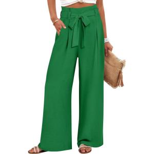 image:imageANRABESS Womens Wide Leg Palazzo Pants Belted High Waisted Business Casual Flowy Long Trousers with PocketsGreen