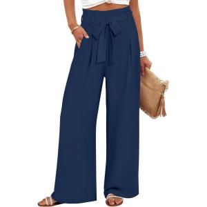 image:imageANRABESS Womens Wide Leg Palazzo Pants Belted High Waisted Business Casual Flowy Long Trousers with PocketsNavy Blue