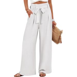 image:imageANRABESS Womens Wide Leg Palazzo Pants Belted High Waisted Business Casual Flowy Long Trousers with PocketsWhite