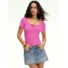 image:imageANRABESS Bodysuits for Women short sleeve Tops Henley Scoop Neck Slim Fit Ribbed Knit Soft Basic Shirts 2026 Summer OutfitsHot Pink