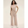 image:imageANRABESS Women 2 Piece Outfits 2026 Summer Lounge Sets Cap Sleeve Tie Waisted Top Wide Leg Pant Airport Vacation Travel SetsAlmond