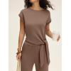 image:imageANRABESS Women 2 Piece Outfits 2026 Summer Lounge Sets Cap Sleeve Tie Waisted Top Wide Leg Pant Airport Vacation Travel SetsBrown