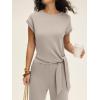 image:imageANRABESS Women 2 Piece Outfits 2026 Summer Lounge Sets Cap Sleeve Tie Waisted Top Wide Leg Pant Airport Vacation Travel SetsLight Khaki