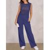 image:imageANRABESS Women 2 Piece Summer Outfits 2026 Crochet Sweater Vest Wide Leg Pants Lounge Matching Sets Travel Vacation ClothesNavy Blue