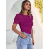image:imageANRABESS Women Puff Short Sleeve Crewneck Dressy Casual Tops Summer Fitted Ribbed Knit Trendy Work Shirts 2026 Spring ClothesFuchsia