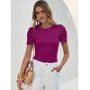 image:imageANRABESS Women Puff Short Sleeve Crewneck Dressy Casual Tops Summer Fitted Ribbed Knit Trendy Work Shirts 2026 Spring ClothesFuchsia