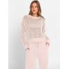 image:imageANRABESS Womens 2 Piece Outfits Crochet Sheer Knit Sweater Top Wide Leg Pants Lounge Set Sweatsuit 2026 Spring Travel ClothesBeige Pink