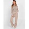 image:imageANRABESS Womens 2 Piece Outfits Crochet Sheer Knit Sweater Top Wide Leg Pants Lounge Set Sweatsuit 2026 Spring Travel ClothesLight Brown