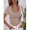 image:imageANRABESS Womens Short Sleeve Henley Shirts Ribbed Slim Fitted Tee Summer Work Tops 2026 Button Blouse Spring Vacation ClothesLight Khaki