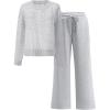 image:imageANRABESS Womens 2 Piece Outfits Crochet Sheer Knit Sweater Top Wide Leg Pants Lounge Set Sweatsuit 2026 Spring Travel ClothesLight Grey