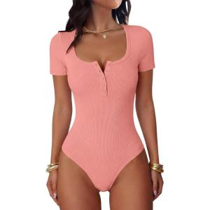 image:imageANRABESS Bodysuits for Women short sleeve Tops Henley Scoop Neck Slim Fit Ribbed Knit Soft Basic Shirts 2026 Summer OutfitsCoral