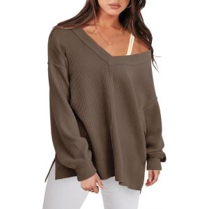 image:imageANRABESS Oversized Long Sleeve Shirts for Women Off the Shoulder Sweatshirt Loose V Neck Tunic Tops High Low Sweater 2025Brown
