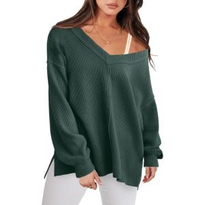 image:imageANRABESS Oversized Long Sleeve Shirts for Women Off the Shoulder Sweatshirt Loose V Neck Tunic Tops High Low Sweater 2025Dark Green