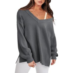 image:imageANRABESS Oversized Long Sleeve Shirts for Women Off the Shoulder Sweatshirt Loose V Neck Tunic Tops High Low Sweater 2025Deep Grey