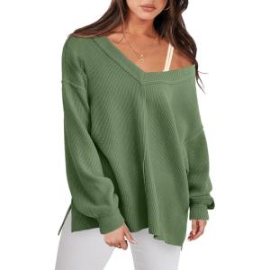 image:imageANRABESS Oversized Long Sleeve Shirts for Women Off the Shoulder Sweatshirt Loose V Neck Tunic Tops High Low Sweater 2025Green