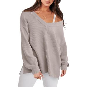 image:imageANRABESS Oversized Long Sleeve Shirts for Women Off the Shoulder Sweatshirt Loose V Neck Tunic Tops High Low Sweater 2025Grey Apricot