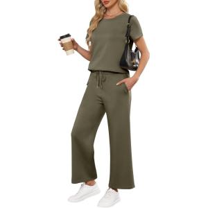 image:imageANRABESS Women 2 Piece Lounge Sets Summer Travel Sweat Outfits Short Sleeve Wide Leg Casual Matching Tracksuits ClothesArmy Green