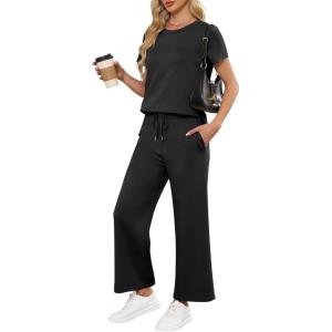image:imageANRABESS Women 2 Piece Lounge Sets Summer Travel Sweat Outfits Short Sleeve Wide Leg Casual Matching Tracksuits ClothesBlack