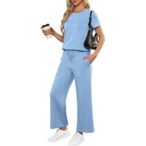 image:imageANRABESS Women 2 Piece Lounge Sets Summer Travel Sweat Outfits Short Sleeve Wide Leg Casual Matching Tracksuits ClothesBlue