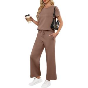 image:imageANRABESS Women 2 Piece Lounge Sets Summer Travel Sweat Outfits Short Sleeve Wide Leg Casual Matching Tracksuits ClothesBrown