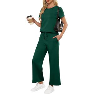 image:imageANRABESS Women 2 Piece Lounge Sets Summer Travel Sweat Outfits Short Sleeve Wide Leg Casual Matching Tracksuits ClothesDeep Green