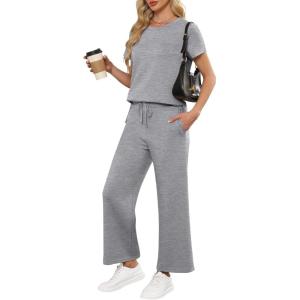 image:imageANRABESS Women 2 Piece Lounge Sets Summer Travel Sweat Outfits Short Sleeve Wide Leg Casual Matching Tracksuits ClothesGrey