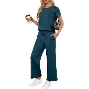 image:imageANRABESS Women 2 Piece Lounge Sets Summer Travel Sweat Outfits Short Sleeve Wide Leg Casual Matching Tracksuits ClothesLake Green