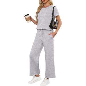 image:imageANRABESS Women 2 Piece Lounge Sets Summer Travel Sweat Outfits Short Sleeve Wide Leg Casual Matching Tracksuits ClothesLight Grey