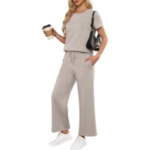 image:imageANRABESS Women 2 Piece Lounge Sets Summer Travel Sweat Outfits Short Sleeve Wide Leg Casual Matching Tracksuits ClothesLight Khaki