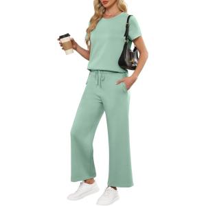 image:imageANRABESS Women 2 Piece Lounge Sets Summer Travel Sweat Outfits Short Sleeve Wide Leg Casual Matching Tracksuits ClothesMint Green