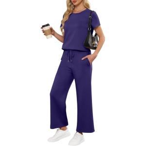 image:imageANRABESS Women 2 Piece Lounge Sets Summer Travel Sweat Outfits Short Sleeve Wide Leg Casual Matching Tracksuits ClothesNavy Blue