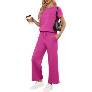 image:imageANRABESS Women 2 Piece Lounge Sets Summer Travel Sweat Outfits Short Sleeve Wide Leg Casual Matching Tracksuits ClothesRose Red