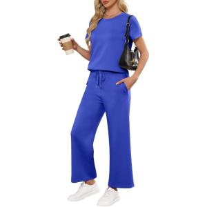 image:imageANRABESS Women 2 Piece Lounge Sets Summer Travel Sweat Outfits Short Sleeve Wide Leg Casual Matching Tracksuits ClothesRoyal Blue